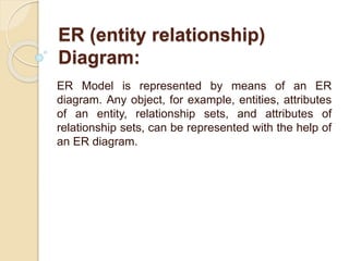 ER (entity relationship)
Diagram:
ER Model is represented by means of an ER
diagram. Any object, for example, entities, attributes
of an entity, relationship sets, and attributes of
relationship sets, can be represented with the help of
an ER diagram.
 