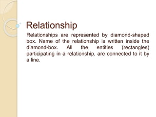 Relationship
Relationships are represented by diamond-shaped
box. Name of the relationship is written inside the
diamond-box. All the entities (rectangles)
participating in a relationship, are connected to it by
a line.
 