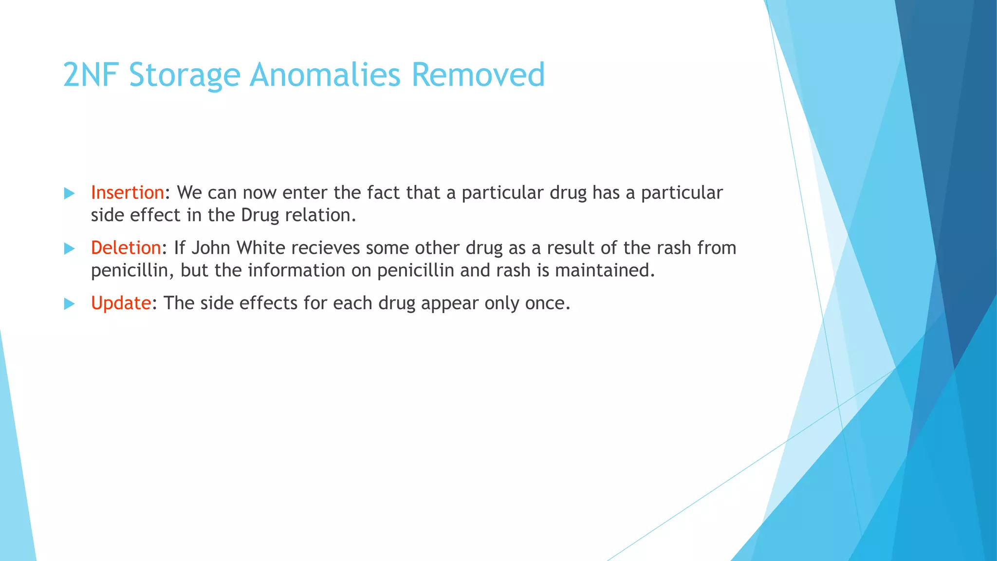 2NF Storage Anomalies Removed 
 Insertion: We can now enter the fact that a particular drug has a particular 
side effect in the Drug relation. 
 Deletion: If John White recieves some other drug as a result of the rash from 
penicillin, but the information on penicillin and rash is maintained. 
 Update: The side effects for each drug appear only once. 
 