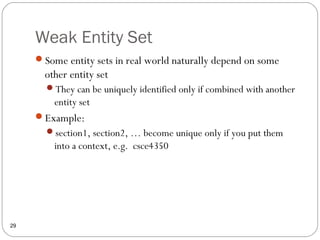 Weak Entity Set
29
Some entity sets in real world naturally depend on some
other entity set
They can be uniquely identified only if combined with another
entity set
Example:
section1, section2, … become unique only if you put them
into a context, e.g. csce4350
 