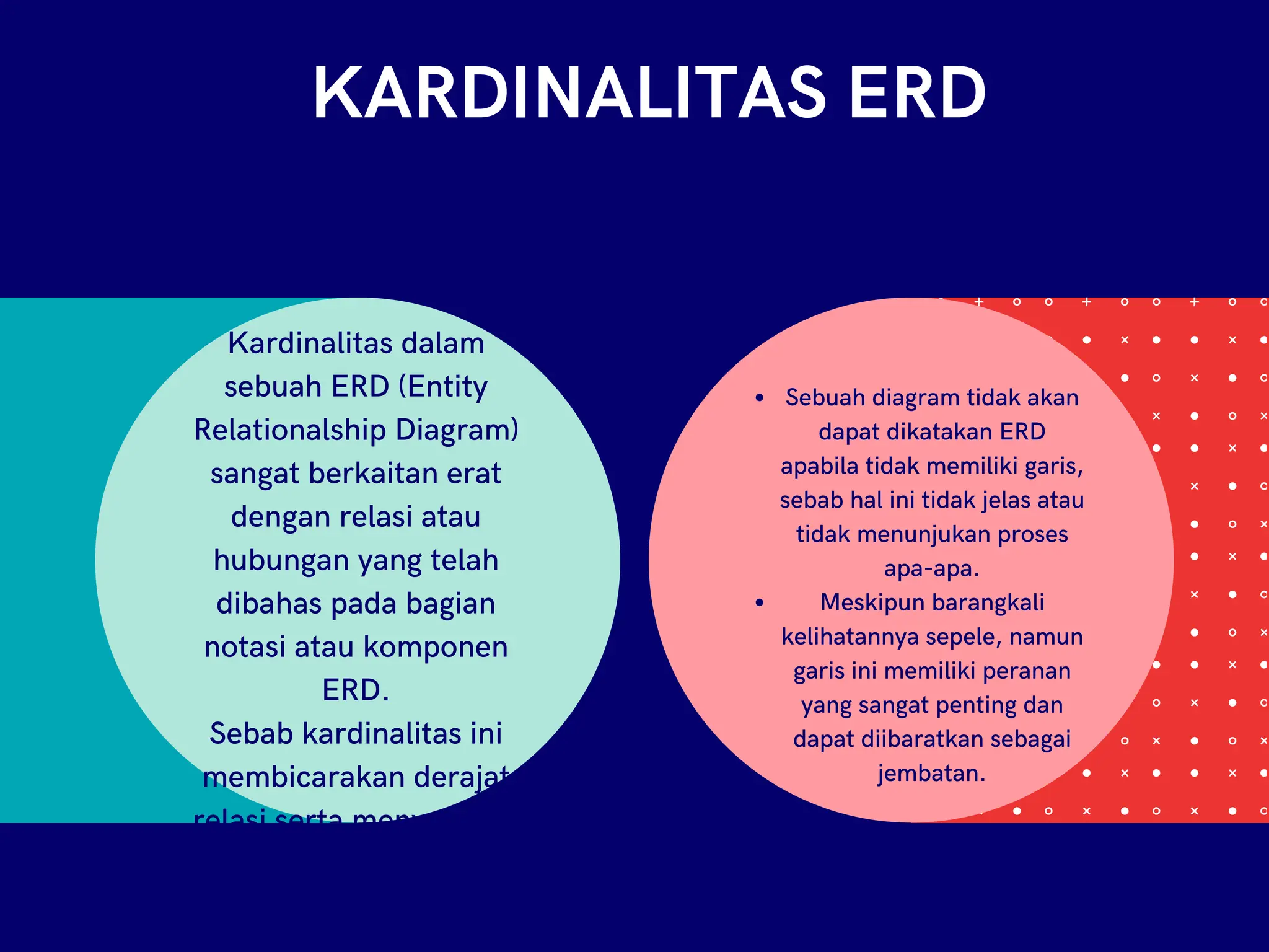 KARDINALITAS ERD
Kardinalitas dalam
sebuah ERD (Entity
Relationalship Diagram)
sangat berkaitan erat
dengan relasi atau
hubungan yang telah
dibahas pada bagian
notasi atau komponen
ERD.
Sebab kardinalitas ini
membicarakan derajat
relasi serta menyatakan
maksimum entitas yang
dapat berelasi dengn
Sebuah diagram tidak akan
dapat dikatakan ERD
apabila tidak memiliki garis,
sebab hal ini tidak jelas atau
tidak menunjukan proses
apa-apa.
Meskipun barangkali
kelihatannya sepele, namun
garis ini memiliki peranan
yang sangat penting dan
dapat diibaratkan sebagai
jembatan.
 