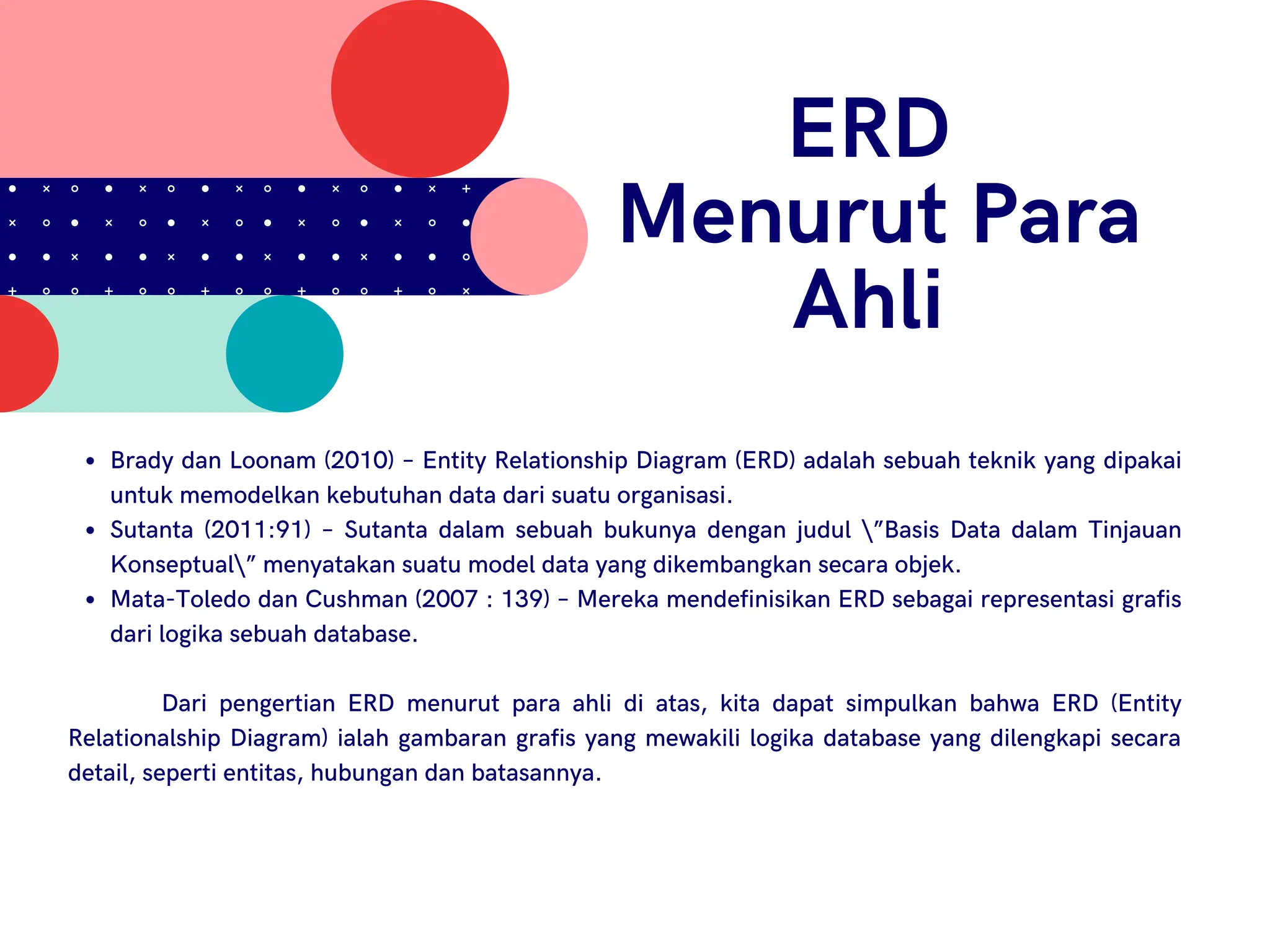 ERD
Menurut Para
Ahli
Brady dan Loonam (2010) – Entity Relationship Diagram (ERD) adalah sebuah teknik yang dipakai
untuk memodelkan kebutuhan data dari suatu organisasi.
Sutanta (2011:91) – Sutanta dalam sebuah bukunya dengan judul ”Basis Data dalam Tinjauan
Konseptual” menyatakan suatu model data yang dikembangkan secara objek.
Mata-Toledo dan Cushman (2007 : 139) – Mereka mendefinisikan ERD sebagai representasi grafis
dari logika sebuah database.
Dari pengertian ERD menurut para ahli di atas, kita dapat simpulkan bahwa ERD (Entity
Relationalship Diagram) ialah gambaran grafis yang mewakili logika database yang dilengkapi secara
detail, seperti entitas, hubungan dan batasannya.
 