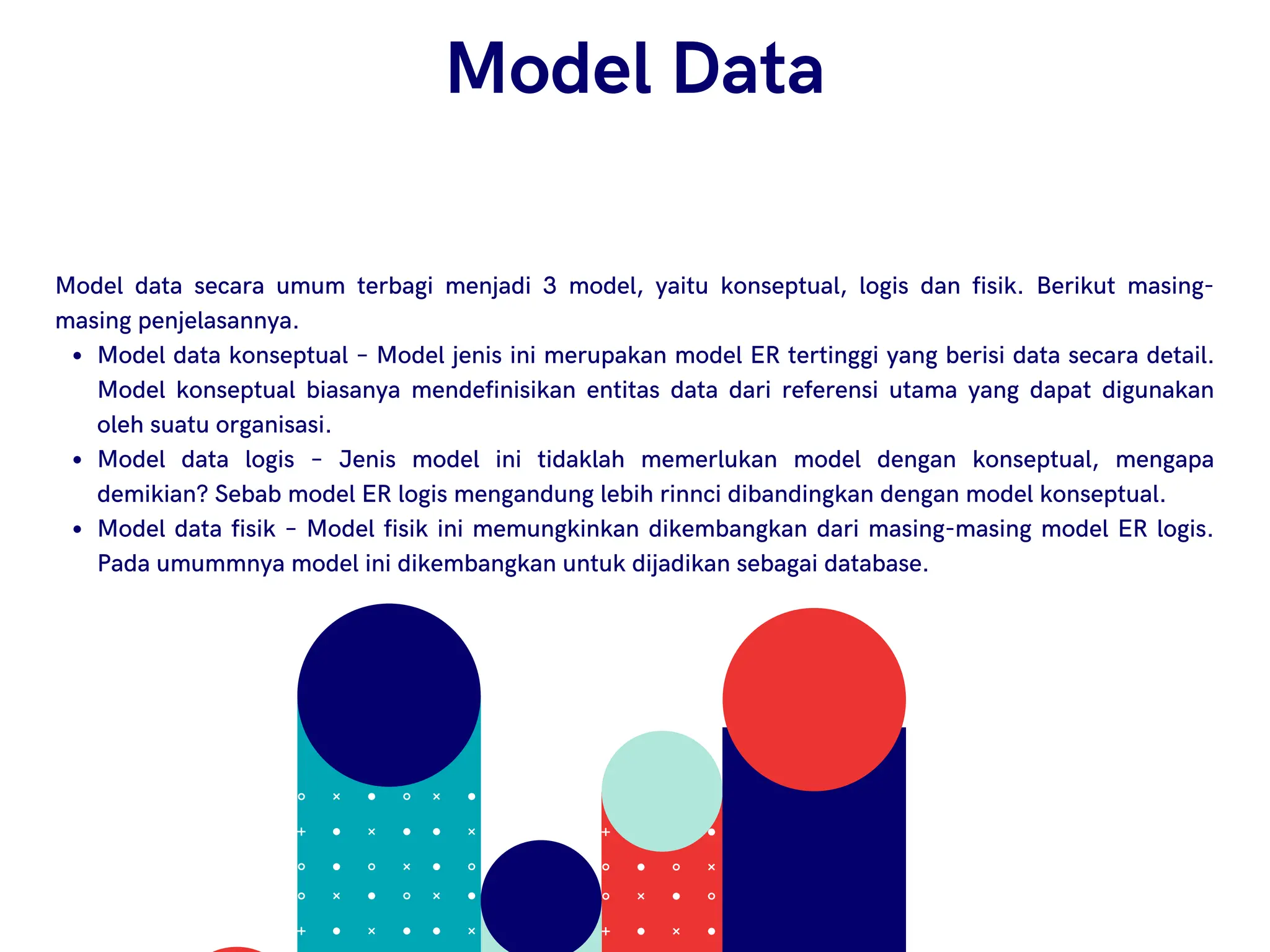 Model Data
Model data konseptual – Model jenis ini merupakan model ER tertinggi yang berisi data secara detail.
Model konseptual biasanya mendefinisikan entitas data dari referensi utama yang dapat digunakan
oleh suatu organisasi.
Model data logis – Jenis model ini tidaklah memerlukan model dengan konseptual, mengapa
demikian? Sebab model ER logis mengandung lebih rinnci dibandingkan dengan model konseptual.
Model data fisik – Model fisik ini memungkinkan dikembangkan dari masing-masing model ER logis.
Pada umummnya model ini dikembangkan untuk dijadikan sebagai database.
Model data secara umum terbagi menjadi 3 model, yaitu konseptual, logis dan fisik. Berikut masing-
masing penjelasannya.
 