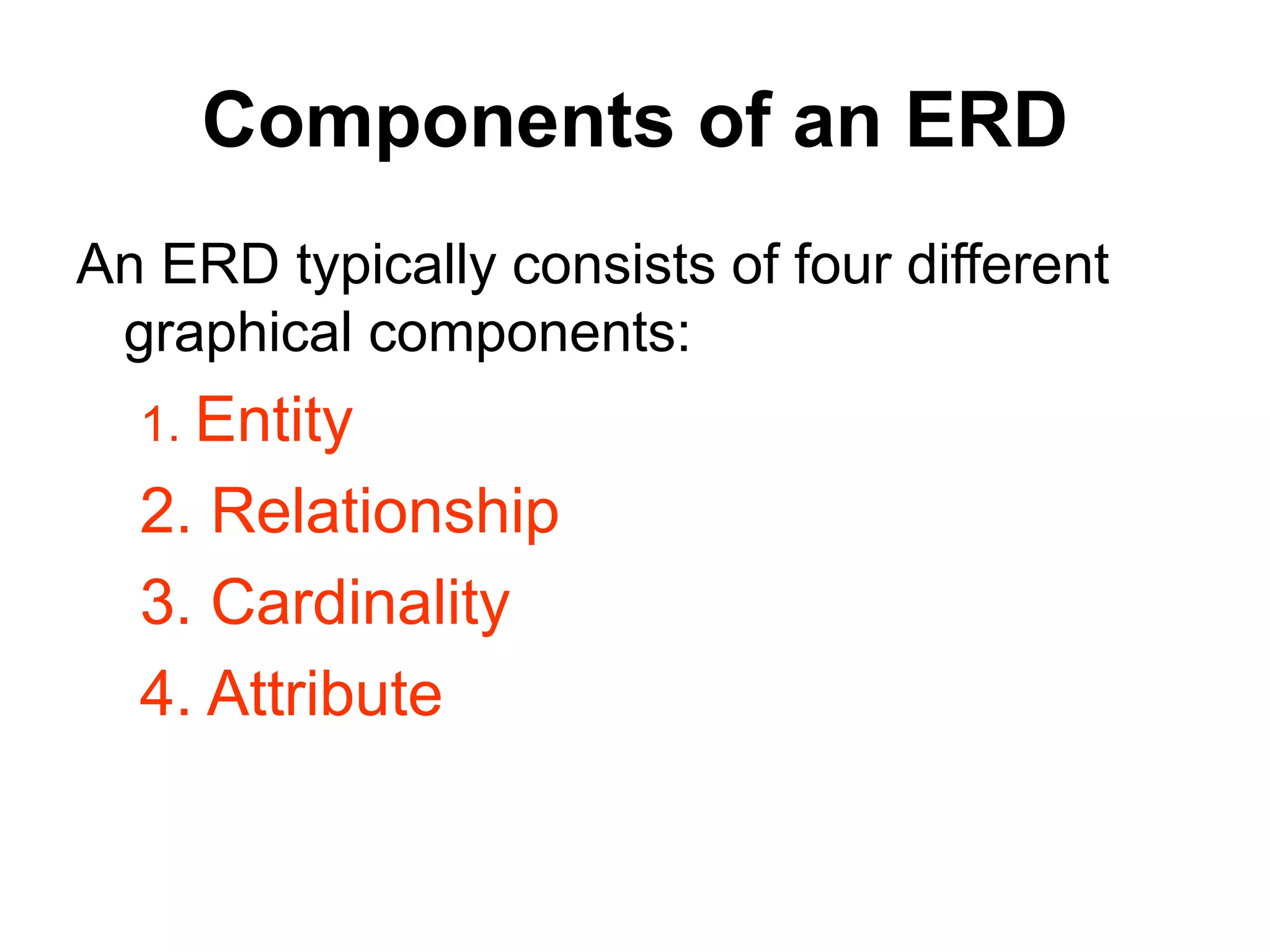 Components of an ERD
An ERD typically consists of four different
graphical components:
1. Entity
2. Relationship
3. Cardinality
4. Attribute
 
