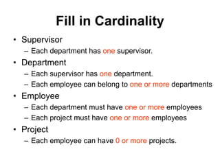Fill in Cardinality
• Supervisor
– Each department has one supervisor.
• Department
– Each supervisor has one department.
– Each employee can belong to one or more departments
• Employee
– Each department must have one or more employees
– Each project must have one or more employees
• Project
– Each employee can have 0 or more projects.
 