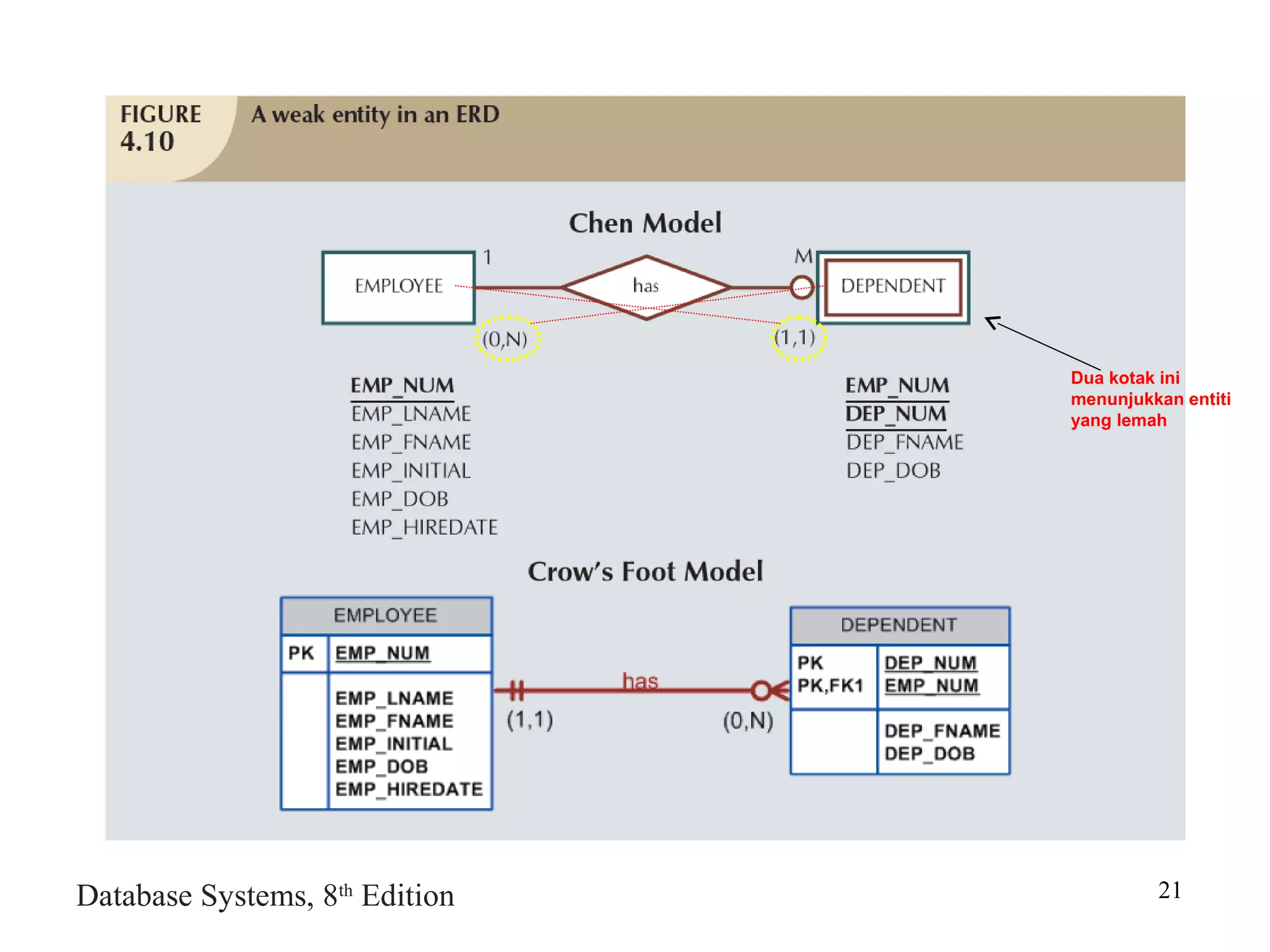 Database Systems, 8th
Edition 21
Dua kotak ini
menunjukkan entiti
yang lemah
 
