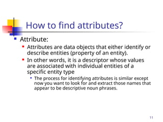 Part # 2
11
How to find attributes?
 Attribute:
 Attributes are data objects that either identify or
describe entities (property of an entity).
 In other words, it is a descriptor whose values
are associated with individual entities of a
specific entity type

The process for identifying attributes is similar except
now you want to look for and extract those names that
appear to be descriptive noun phrases.
 