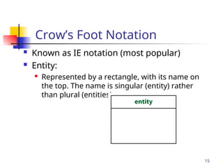 Part # 2
Crow’s Foot Notation
 Known as IE notation (most popular)
 Entity:
 Represented by a rectangle, with its name on
the top. The name is singular (entity) rather
than plural (entities).
15
 
