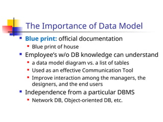 Part # 2
The Importance of Data Model
 Blue print: official documentation

Blue print of house
 Employee’s w/o DB knowledge can understand

a data model diagram vs. a list of tables

Used as an effective Communication Tool

Improve interaction among the managers, the
designers, and the end users
 Independence from a particular DBMS

Network DB, Object-oriented DB, etc.
 