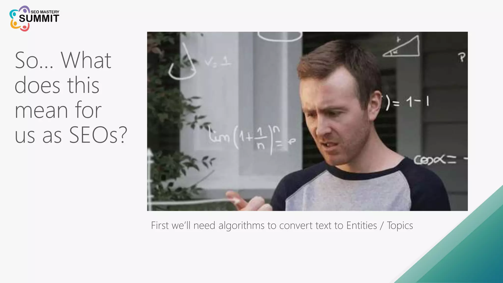 So… What
does this
mean for
us as SEOs?
First we’ll need algorithms to convert text to Entities / Topics
 