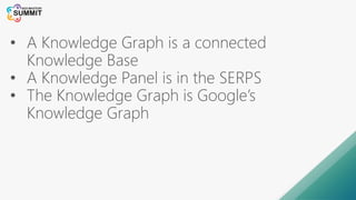 • A Knowledge Graph is a connected
Knowledge Base
• A Knowledge Panel is in the SERPS
• The Knowledge Graph is Google’s
Knowledge Graph
 