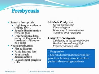  Sensory Presbycusis                       Metabolic Presbycusis
          High frequency down-                   Slowly progressive
        sloping SNHL                              Flat audiogram
       Speech discrimination                     Good speech discrimination
        remains good                              Atropy of stria vascularis
       Degeneration a basal
        potion of Organ of Corti               Conductive Presbycusis
        (predominately outer                      Thickening of basilar membrane
        hair cells)                               Gradual down-sloping high
    Neural presbycusis                           frequency hearing loss
       Flat audiogram
       Rapid hearing loss                       Progressive
       Poor speech                              Speech discrimination for similar
        discrimination                         pure tone hearing is worse in older
       Loss of spiral ganglion
        cells                                  patients than younger patients


6th March 2013       GP Trainees - Education Centre, RPH
 