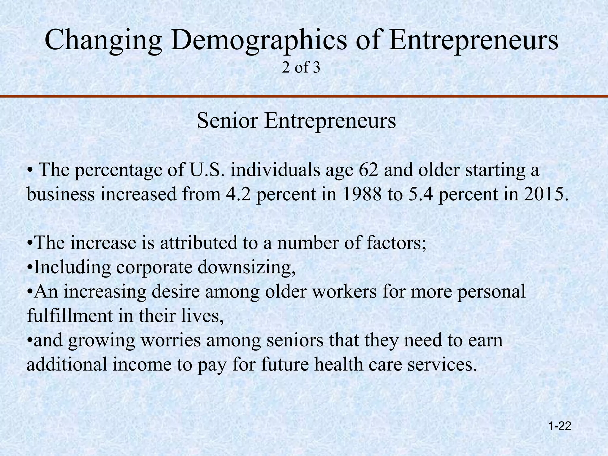 Changing Demographics of Entrepreneurs
2 of 3
Senior Entrepreneurs
• The percentage of U.S. individuals age 62 and older starting a
business increased from 4.2 percent in 1988 to 5.4 percent in 2015.
•The increase is attributed to a number of factors;
•Including corporate downsizing,
•An increasing desire among older workers for more personal
fulfillment in their lives,
•and growing worries among seniors that they need to earn
additional income to pay for future health care services.
1-22
 
