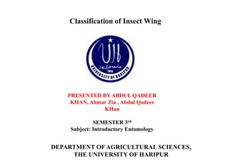 Classification of Insect Wing
PRESENTED BY ABDUL QADEER
KHAN, Ahmar Zia , Abdul Qadeer
KHan
SEMESTER 3rd
Subject: Introductory Entomology
DEPARTMENT OF AGRICULTURAL SCIENCES,
THE UNIVERSITY OF HARIPUR
 