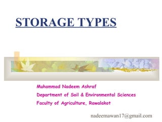 STORAGE TYPES




  Muhammad Nadeem Ashraf
  Department of Soil & Environmental Sciences
  Faculty of Agriculture, Rawalakot

                          nadeemawan17@gmail.com
 