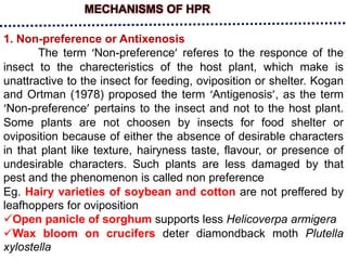 MECHANISMS OF HPR
1. Non-preference or Antixenosis
The term ‘Non-preference’ referes to the responce of the
insect to the charecteristics of the host plant, which make is
unattractive to the insect for feeding, oviposition or shelter. Kogan
and Ortman (1978) proposed the term ‘Antigenosis’, as the term
‘Non-preference’ pertains to the insect and not to the host plant.
Some plants are not choosen by insects for food shelter or
oviposition because of either the absence of desirable characters
in that plant like texture, hairyness taste, flavour, or presence of
undesirable characters. Such plants are less damaged by that
pest and the phenomenon is called non preference
Eg. Hairy varieties of soybean and cotton are not preffered by
leafhoppers for oviposition
Open panicle of sorghum supports less Helicoverpa armigera
Wax bloom on crucifers deter diamondback moth Plutella
xylostella
 