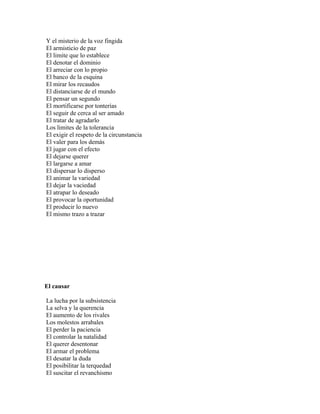 Y el misterio de la voz fingida
El armisticio de paz
El limite que lo establece
El denotar el dominio
El arreciar con lo propio
El banco de la esquina
El mirar los recaudos
El distanciarse de el mundo
El pensar un segundo
El mortificarse por tonterías
El seguir de cerca al ser amado
El tratar de agradarlo
Los limites de la tolerancia
El exigir el respeto de la circunstancia
El valer para los demás
El jugar con el efecto
El dejarse querer
El largarse a amar
El dispersar lo disperso
El animar la variedad
El dejar la vaciedad
El atrapar lo deseado
El provocar la oportunidad
El producir lo nuevo
El mismo trazo a trazar




El causar

La lucha por la subsistencia
La selva y la querencia
El aumento de los rivales
Los molestos arrabales
El perder la paciencia
El controlar la natalidad
El querer desentonar
El armar el problema
El desatar la duda
El posibilitar la terquedad
El suscitar el revanchismo
 
