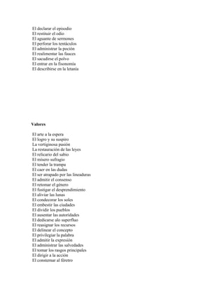 El declarar el episodio
El restituir el odio
El aguante de sermones
El perforar los tentáculos
El administrar la poción
El realimentar las fauces
El sacudirse el polvo
El entrar en la fisonomía
El describirse en la letanía




Valores

El arte a la espera
El logro y su suspiro
La vertiginosa pasión
La restauración de las leyes
El relicario del sabio
El mísero sufragio
El tender la trampa
El caer en las dudas
El ser atrapado por las lineaduras
El admitir el consenso
El retomar el género
El fustigar el desprendimiento
El aliviar las lunas
El condecorar los soles
El embestir las ciudades
El dividir los pueblos
El ausentar las autoridades
El dedicarse alo superfluo
El reasignar los recursos
El delinear el concepto
El privilegiar la palabra
El admitir la expresión
El administrar las salvedades
El tomar los rasgos principales
El dirigir a la acción
El consternar al féretro
 