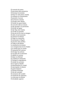 El consuelo de tontos
El gravamen delos perjuicios
El terminar la tormenta
El hacer la vida menos cruenta
El realinear los lineamientos
El permitir el acosos
El no hacerse ostentar
El divagar entre ideales
El formar los gases letales
El convertir todo en ciencia
El dar prestigio a la permisión
El dividir las aguas
El dar flujo alas tiranías
El olvidar los pasados
El devenir de los nuevos tiempos
El adiós al mal momento
El enterrar los dolores
El fingir no conocerlos
El atormentar el flagelo
El gravitar entre insultos
El cadáver del difunto
La mutilación de torturas
Las reasignaciones de los fondos
Las cuentas que no cierran
El manantial de la prensa
El divulgar las noticias
El ser parte de la estructura
El admitir la censura
El dejar esa libertad
El condenar la inmersión
El fustigar la imprudencia
El antojar las acciones
El no seguir al detalle
El desneutralizar la verdad
El aterciopelar el silencio
El gemir despacio
El distinto homenaje
El día del castrador
El cansancio del cazador
El montículo de esperanza
La ruina que no alcanza
El dividendo superior
 