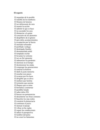 El reparto

El arquetipo de lo posible
El redoble de los tambores
El llenarse de honores
El ser delincuente de raza
El asumir la acción
El admitir lo que se hace
El no esconder los ases
El distanciar a la gente
El concierto de los dementes
El despilfarro de el género
El giro delos acontecimientos
La ocupación por la fuerza
El aterrado torturador
El perfilado verdugo
El destripado fiambre
El desmantelado ardid
El templado oscilar
El levantar la vertiente
El ser un fiel oponente
El admonizar los perdones
El aterrizar en el tiempo
El desintonizar las ondas
El congregar las generaciones
El enterrar la historia
El darle la justa memoria
El enseñar esos pasos
El avanzar por los lasos
El dirigible que se eleve
El arañazo que lastima
El tormento que asesina
El flaqueo que se mina
El hermético consternar
El perdible listado
El saber delos NN
El buscar sus pertenencias
El desenterrar sus fosas comunes
El hacerlos los mas reales
El construir la democracia
El continuar el juicio
El atenuar el pasaje
El vibrar en las reglas
El seguir las conducciones
El aducir la perspectiva
El temblor del pulso
El no crear los fantasmas
 