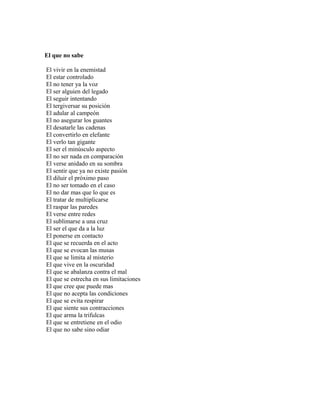 El que no sabe

El vivir en la enemistad
El estar controlado
El no tener ya la voz
El ser alguien del legado
El seguir intentando
El tergiversar su posición
El adular al campeón
El no asegurar los guantes
El desatarle las cadenas
El convertirlo en elefante
El verlo tan gigante
El ser el minúsculo aspecto
El no ser nada en comparación
El verse anidado en su sombra
El sentir que ya no existe pasión
El diluir el próximo paso
El no ser tomado en el caso
El no dar mas que lo que es
El tratar de multiplicarse
El raspar las paredes
El verse entre redes
El sublimarse a una cruz
El ser el que da a la luz
El ponerse en contacto
El que se recuerda en el acto
El que se evocan las musas
El que se limita al misterio
El que vive en la oscuridad
El que se abalanza contra el mal
El que se estrecha en sus limitaciones
El que cree que puede mas
El que no acepta las condiciones
El que se evita respirar
El que siente sus contracciones
El que arma la trifulcas
El que se entretiene en el odio
El que no sabe sino odiar
 