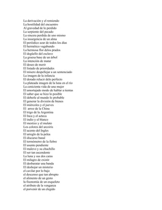 La derivación y el remiendo
La hostilidad del encuentro
Al gravedad de lo perdido
La serpiente del pecado
La sincera perdida de uno mismo
La insurgencia de un alma
El periódico azar de todos los días
El hermético vagabundo
La hermosa flor delos prados
El degüello del esclavo
La gruesa base de un árbol
La intención de matar
El deseo de morir
El listado de prioridades
El mísero despellejar a un sentenciado
La imagen de la infancia
El dorado relucir delo perfecto
La plateada imagen de la luna en el río
La cenicienta vida de una mujer
El amortajado modo de hablar a tientas
El saber que se hizo lo posible
El deberle al mundo lo probable
El generar la división de bienes
El miércoles y el jueves
El arroz de la China
El trigo de la Argentina
El Inca y el azteca
El indio y el blanco
El mestizo y el mulato
Los colores del arcoiris
El acento del Ingles
El arreglo de la pelea
El discurso banal
El termómetro de la fiebre
El asunto pendiente
El malevo y su chuchillo
El ser tan ascendente
La luna y sus dos caras
El milagro de existir
El desbaratar una banda
El deshojar un misterio
el cavilar por lo bajo
el descenso que tan abrupto
el alimento de un gesto
la fisonomía de un esqueleto
el atributo de la venganza
el porvenir de un elegido
 