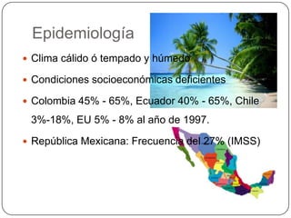 Epidemiología
 Clima cálido ó tempado y húmedo

 Condiciones socioeconómicas deficientes

 Colombia 45% - 65%, Ecuador 40% - 65%, Chile

 3%-18%, EU 5% - 8% al año de 1997.

 República Mexicana: Frecuencia del 27% (IMSS)
 