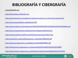BIBLIOGRAFÍA Y CIBERGRAFÍA
- www.wikipedia.org
- http://foroantiguo.infojardin.com
- http://www.faunatura.com/algunos-insectos-acuaticos-y-su-forma-de-respirar.html
- http://www.aquariofilabcn.org/blog/?p=952
- http://www.redmeso.net/madmeso/CURSO/SESION%20DE%20PABLO%20Y%20MONIKA.pdf
- http://www.riosysenderos.com/baul/entomologiasimplificada.htm
- http://www.euskalnet.net/furru/elrio/insectosacuaticos/index.html
- http://www.famu.org/mayfly/pubs/pub_a/pubalbaj1996p203.pdf
- http://www.ssb.plymouth.ac.uk/labplus/rundle2/BMWPBklt.pdf
- http://attachments.wetpaintserv.us/3eoeo3GqFJZlYoGtvBQThQ%3D%3D358387
- http://attachments.wetpaintserv.us/tC$2dHzxCU2g24n4xbeS%2Bg%3D%3D1379729
JAVIER PALOMÁ HERRERA
 