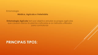 PRINCIPAIS TIPOS:
Entomologia
Médica, Agrícola e Veterinária
Entomologia Agrícola tem por objetivo estudar as pragas agrícolas
que causam danos às plantas cultivadas e os métodos utilizados
para controla-las
 