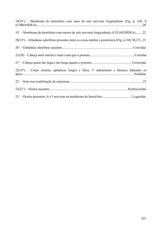 021
19(16’) – Membrana do hemiélitro com mais de sete nervuras longitudinais (Fig. p. 168, I)
(COREOIDEA)..................................................................................................................................20
19’ – Membrana do hemiélitro com menos de sete nervuras longitudinais (LYGAEOIDEA).........22
20(19’) – Glândulas odoríferas presentes entre as coxas médias e posteriores (Fig. p.168, M,17)...21
20’ – Glândulas odoríferas ausentes.......................................................................................Corizidae
21(20) – Cabeça mais estreita e mais curta que o pronoto.......................................................Coreidae
21’ – Cabeça quase tão larga e tão longa quanto o pronoto..................................................Coriscidae
22(19’) – Corpo estreito; apêndices longos e finos; 1º antenômero e fêmures dilatados no
ápice.........................................................................................................................................Neididae
22’ – Sem essa combinação de caracteres..........................................................................................23
23(22’) – Ocelos ausentes................................................................................................Pyrrhocoridae
23’ – Ocelos presentes; 4 a 5 nervuras na membrana do hemiélitro.....................................Lygaeidae
 