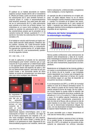 El cadáver es un habitat abundante en materia
orgánica aunque situado dentro del un ecosistema
E, influido por todas y cada una de las variantes de
los subconjuntos de E; pero también formará un
conjunto propio H. Luego si esquematizaramos
esta situación veriamos, que cada parte del cadá-
ver es un subvconjunto de H y cada subconjunto
será variante a la unión con el factor tiempo, con-
virtiendose en un nuevo nicho ecológico, que sin
perder su carácter de subconjunto de H si pierde
las características propias que le precedian en la
variante inversa del tiempo, quedando H + t = Ht
siendo la t de todos los subconjuntos de H propor-
cionales a Ht.
Si el habitat en estudio está formado por tejido ner-
vioso, tejido vascular, tejido adiposo, intestinos, teji-
do cutáneo, visceras, etc. Cada formación celular
uniforme será considerada como un subconjunto.
Por ejemplo las visceras serían H1, el tejido adipo-
so H2, las uñas H3, y así sucesivamente, quedan-
do de la siguiente manera:
H1 + H2 + H3... > H
Si esto lo aplicamos al estudio de los episodios
entomologicos post mortem veremos que un sub-
conjunto de H que puede ser un determinado tejido
o una agrupación de tejidos cuyas características
se encuentren dentro del espectro de sabor y olor
de una determinada especie, será esta la que pro-
curará invadir y ser dominante dentro de dicho
habitat, sin entrar en competencias con otras espe-
cies cuyo nicho ecológico sea diferente.
Es importante la
coceptompren-
sión del con de
los episodios
entomológicos
porque un sub-
conjunto de H
será un nicho
ecológico de una
determinada especie entomológica; pero a ese
subconjunto el factor t lo convertirá, -sin dejar de
ser el mismo subconjunto con respecto a H-, en
otro nicho ecológico dominado por otra especie,
que podrá ser del mismo Orden o familia que la
anterior o no parecerse en nada. Siguiendo la uni-
direccionalidad progresiva de t existirán, dentro del
mismo subconjunto, unidireccionales y progresivos
nicho ecológicos y nunca regresivos.
Un ejemplo de ello lo tendríamos en el tejido adi-
poso. Un tejido adiposo fresco no es el mismo
nicho ecológico cuando empieza a descomponerse
o cuando t le convierte en el clásico olor rancio,
luego seria un subconjunto de H, pero variaría el
factor t, haciendo que sobre este mismo tejido se
alberguen distintos nichos ecológicos progresivos e
imposible de ser regresivos.
Influencia del factor temperatura sobre
la entomología necrófaga.
Hemos podido confeccionar unas estimaciones de
relación entre temperaturas y data de la muerte.
Esta metodología se basaría en las muertes recien-
tes y siempre teniendo en cuenta que la duración
del ciclo será inversamente proporcional a la tem-
peratura.
Basándonos en la llegada de las moscas adultas a
un cuerpo a una temperatura superior a 25ºC serán
en el mismo día de la muerte, y que inmediata-
mente depositarán sus huevos que emergerán las
larvas, pudiendo determinar el tiempo de muerte
del individuo según en que fase de desarrollo se
encuentren las larvas o crisálidas.
A una temperatura de 25ºC y un 60% de humedad
relativa el ciclo de la Musca domestica durara 13
días, desde la puesta de los huevos hasta que el
insecto adopte la forma de imago. De los cuales 1
día durara desde la puesta hasta la eclosión del
huevo; 6 días la evolución de la larva, pudiendo cla-
sificarla en L1,L2 y L3 y entre 6 y 7 días la crisálida
o pupa. En la gráfica adjunta mostramos que la
temperatura será inversamente proporcional al
ciclo de vida de la Musca; ello es porque la vida de
estos insectos no se mide ni por días ni por horas,
sino por la denominada temperatura integral. Así
pues, una vez alcanzada la temperatura integral de
la especie habrá finalizado su ciclo.
Es pues razonable que a mayor temperatura el
ciclo sea de menos días y viceversa.
Observando el cadáver, veremos si hay o no larvas.
Si no existen larvas, la temperatura media oscila
entre 25 y 30ºC y el cadáver se encuentra al des-
cubierto se observarán los orificios naturales
Entomología Forense
Josep Alfred Piera i Pelliçer
t
H + t = Ht
H2
H1
H3
Ht
Ht2
Ht1
Ht3
0
100
200
1 2 3 4 5 6 7 8
grados
grados
horas
 