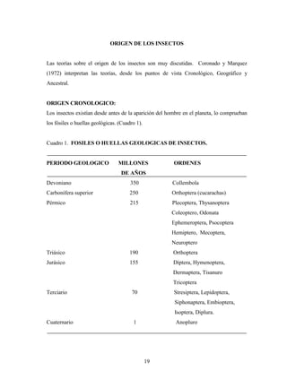 19
ORIGEN DE LOS INSECTOS
Las teorías sobre el origen de los insectos son muy discutidas. Coronado y Marquez
(1972) interpretan las teorías, desde los puntos de vista Cronológico, Geográfico y
Ancestral.
ORIGEN CRONOLOGICO:
Los insectos existían desde antes de la aparición del hombre en el planeta, lo comprueban
los fósiles o huellas geológicas. (Cuadro 1).
Cuadro 1. FOSILES O HUELLAS GEOLOGICAS DE INSECTOS.
PERIODO GEOLOGICO MILLONES ORDENES
DE AÑOS
Devoniano 350 Collembola
Carbonífera superior 250 Orthoptera (cucarachas)
Pérmico 215 Plecoptera, Thysanoptera
Coleoptero, Odonata
Ephemeroptera, Psocoptera
Hemiptero, Mecoptera,
Neuroptero
Triásico 190 Orthoptera
Jurásico 155 Díptera, Hymenoptera,
Dermaptera, Tisanuro
Tricoptera
Terciario 70 Stresiptera, Lepidoptera,
Siphonaptera, Embioptera,
Isoptera, Diplura.
Cuaternario 1 Anopluro
 