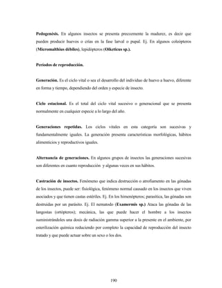 190
Pedogenésis. En algunos insectos se presenta precozmente la madurez, es decir que
pueden producir huevos o crías en la fase larval o pupal. Ej. En algunos coleópteros
(Micromalthius débiles), lepidópteros (Oiketicus sp.).
Períodos de reproducción.
Generación. Es el ciclo vital o sea el desarrollo del individuo de huevo a huevo, diferente
en forma y tiempo, dependiendo del orden y especie de insecto.
Ciclo estacional. Es el total del ciclo vital sucesivo o generacional que se presenta
normalmente en cualquier especie a lo largo del año.
Generaciones repetidas. Los ciclos vitales en esta categoría son sucesivas y
fundamentalmente iguales. La generación presenta características morfológicas, hábitos
alimenticios y reproductivos iguales.
Alternancia de generaciones. En algunos grupos de insectos las generaciones sucesivas
son diferentes en cuanto reproducción y algunas veces en sus hábitos.
Castración de insectos. Fenómeno que indica destrucción o atrofiamento en las gónadas
de los insectos, puede ser: fisiológica, fenómeno normal causado en los insectos que viven
asociados y que tienen castas estériles. Ej. En los himenópteros; parasítica, las gónadas son
destruidas por un parásito. Ej. El nematodo (Examermis sp.) Ataca las gónadas de las
langostas (ortópteros); mecánica, las que puede hacer el hombre a los insectos
suministrándoles una dosis de radiación gamma superior a la presente en el ambiente, por
esterilización química reduciendo por completo la capacidad de reproducción del insecto
tratado y que puede actuar sobre un sexo o los dos.
 