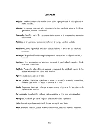 199
GLOSARIO
Alaglosa. Nombre que se le da a la unión de las glosas y paraglosas en un solo apéndice en
ciertos insectos.
Alinoto. Placa alar del mesonoto o del metanoto en los insectos alares, la cual se divide en
: prescutum, escutum y escutelum.
Anamorfo. Cuando a través del crecimiento de un insecto se le agregan otros segmentos
abdominales.
Anélidos. Es la clase de los animales vermiformes de cuerpo blando y anillado.
Anepisterno. Parte superior del episterno, cuando es ultimo se divide por una sutura en
dos partes.
Anfitoquía. Reproducción en forma partenogenética, en cuyo caso se originan machos y
hembras.
Apodema. Pieza sobresaliente de la cutícula interna de la pared del endoesqueleto, donde
se insertan los músculos.
Apófisis. Proyección tuberculiforme, externa o interna de la pared del cuerpo de los
insectos. Invaginaciones de las áreas pleurales.
Ápteros. Insectos que carecen de alas.
Arculo (Arculus). Formación especial de la nervacion (venación) alar entre los odonatos,
cuando la vena radial y la media se fusionan en la base.
Arolio. Órgano en forma de cojín que se encuentra en el pretarso de las patas, en la
mayoría de los insectos
Arrenotoquia. Reproducción en forma partenogenética, en cuyo caso origina machos.
Artrópodo. Animales que tienen las patas formadas por varios segmentos.
Atrio. Llamada también cavidad plural, sitio de entrada de un orificio.
Axon. Filamento formado, con un cuerpo celular nuclear, una célula nerviosa o neurona.
 