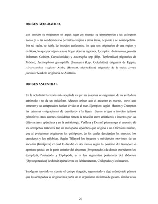 20
ORIGEN GEOGRAFICO.
Los insectos se originaron en algún lugar del mundo, se distribuyeron a las diferentes
zonas, y si las condiciones lo permiten emigran a otras áreas, llegando a ser cosmopolitas.
Por tal razón, se habla de insectos autóctonos, los que son originarios de una región y
exóticos, los que por alguna causa llegan de otras regiones, Ejemplos: Anthonomus grandis
Boheman (Coleópt. Curculionidae) y Anastrepha spp (Dípt. Tephretidae) originarios de
México; Pectinophora gossypiella (Saunders) (Lep. Gelechidae) originaria de Egipto;
Aleurocanthus woglumi Ashby (Homopt. Aleyrodidae) originario de la India; Icerya
purchasi Maskell originaria de Australia.
ORIGEN ANCESTRAL
En la actualidad la teoría más aceptada es que los insectos se originaron de un verdadero
artrópodo y no de un onicóforo. Algunos opinan que el ancestro es marino, otros que
terrestre y sus antepasados habían vivido en el mar. Ejemplos: según Hansen y Crampton
las primeras emigraciones de crustáceos a la tierra dieron origen a insectos ápteros
primitivos; otros autores consideran remota la relación entre crustáceos e insectos por las
diferencias en apéndices y en la embriología. Verlluys y Demoll piensan que el ancestro de
los artrópodos terrestres fue un miriápodo hipotético que originó a un Onicóforo marino,
que al evolucionar originaron los quilópodos, de los cuales descienden los insectos, los
crustáceos y los trilobitas. Según Tillayard los insectos y miriápodos provienen de un
ancestro (Protáptera) el cual lo dividió en dos ramas según la posición del Gonóporo o
apertura genital: en la parte anterior del abdomen (Progoneados) de donde aparecieron los
Symphyla, Pauropoda y Diplopoda, o en los segmentos posteriores del abdomen
(Opistogoneados) de donde aparecieron los Schizotarzatas, Chilopodas y los insectos.
Snodgrass teniendo en cuenta el cuerpo alargado, segmentado y algo redondeado plantea
que los artrópodos se originaron a partir de un organismo en forma de gusano, similar a los
 