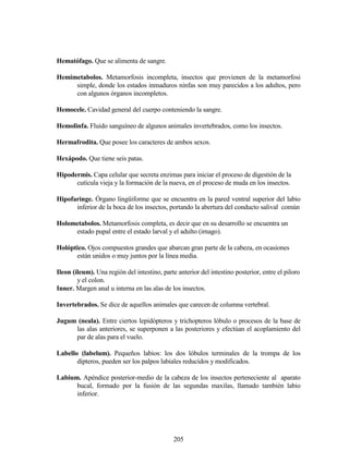 205
Hematófago. Que se alimenta de sangre.
Hemimetabolos. Metamorfosis incompleta, insectos que provienen de la metamorfosi
simple, donde los estados inmaduros ninfas son muy parecidos a los adultos, pero
con algunos órganos incompletos.
Hemocele. Cavidad general del cuerpo conteniendo la sangre.
Hemolinfa. Fluido sanguíneo de algunos animales invertebrados, como los insectos.
Hermafrodita. Que posee los caracteres de ambos sexos.
Hexápodo. Que tiene seis patas.
Hipodermis. Capa celular que secreta enzimas para iniciar el proceso de digestión de la
cutícula vieja y la formación de la nueva, en el proceso de muda en los insectos.
Hipofaringe. Órgano lingüiforme que se encuentra en la pared ventral superior del labio
inferior de la boca de los insectos, portando la abertura del conducto salival común
Holometabolos. Metamorfosis completa, es decir que en su desarrollo se encuentra un
estado pupal entre el estado larval y el adulto (imago).
Holóptico. Ojos compuestos grandes que abarcan gran parte de la cabeza, en ocasiones
están unidos o muy juntos por la línea media.
Ileon (ileum). Una región del intestino, parte anterior del intestino posterior, entre el piloro
y el colon.
Inner. Margen anal u interna en las alas de los insectos.
Invertebrados. Se dice de aquellos animales que carecen de columna vertebral.
Jugum (neala). Entre ciertos lepidópteros y trichopteros lóbulo o procesos de la base de
las alas anteriores, se superponen a las posteriores y efectúan el acoplamiento del
par de alas para el vuelo.
Labello (labelum). Pequeños labios: los dos lóbulos terminales de la trompa de los
dípteros, pueden ser los palpos labiales reducidos y modificados.
Labium. Apéndice posterior-medio de la cabeza de los insectos perteneciente al aparato
bucal, formado por la fusión de las segundas maxilas, llamado también labio
inferior.
 