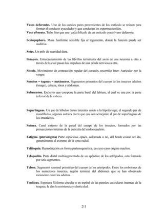 211
Vasos deferentes. Uno de los canales pares provenientes de los testículo se reúnen para
formar el conducto eyaculador y que conducen los espermatozoides.
Vaso eferente. Tubo fino que une cada folículo de un testículo con el vaso deferente.
Scolopophoro. Masa fusiforme sensible fija al tegumento, donde la función puede ser
auditiva.
Setas. Un pelo de suavidad dura.
Sinapsis. Entrecruzamiento de las fibrillas terminales del axon de una neurona a otra a
través de la cual pasan los impulsos de una célula nerviosa a otra.
Sístole. Movimiento de contracción regular del corazón, recorrido Inter. Auricular por la
sangre.
Somitos = tagmas = metámeros. Segmentos primarios del cuerpo de los insectos adultos
(imago), cabeza, tórax y abdomen.
Submenton. Esclerito que compone la parte basal del labium, el cual se une por la parte
inferior de la cabeza.
Superlinguas. Un par de lóbulos dorso laterales unido a la hipofaringe; el segundo par de
mandíbulas, algunos autores dicen que que son semejante al par de superlinguas de
los crustáceos.
Sutura. Canal externo de la pared del cuerpo de los insectos, formados por las
proyecciones internas de la cutícula del endoesqueleto.
Estigma (pterostigma) Parte espaciosa, opaca, coloreada o no, del borde costal del ala,
generalmente al extremo de la vena radial.
Telitoquía. Reproducción en forma partenogenética, en cuyo caso origina machos.
Telopodito. Parte distal multisegmentado de un apéndice de los artrópodos, esta formado
por seis segmentos.
Telson. Segmento terminal primitivo del cuerpo de los artrópodos. Entre los embriones de
los numerosos insectos, región terminal del abdomen que se han observado
raramente entre los adultos.
Tenideas. Espesura filiforme circular o en espiral de las paredes cuticulares internas de la
traquea, le dan la resistencia y elasticidad.
 