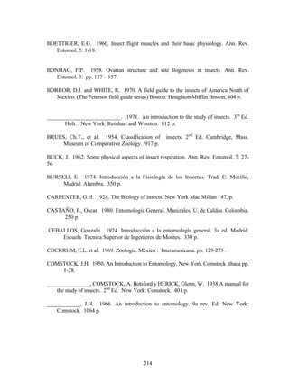 214
BOETTIGER, E.G. 1960. Insect flight muscles and their basic physiology. Ann. Rev.
Entomol. 5: 1-18.
BONHAG, F.P. 1958. Ovarian structure and vite llogenesis in insects. Ann. Rev.
Entomol. 3: pp. 137 – 157.
BORROR, D.J. and WHITE, R. 1970. A field guide to the insects of America North of
Mexico. (The Peterson field guide series) Boston: Houghton Mifflin Boston, 404 p.
__________________________. .1971. An introduction to the study of insects. 3ra
Ed.
Holt. , New York: Reinhart and Winston. 812 p.
BRUES, Ch.T., et al. 1954. Classification of insects. 2nd
Ed. Cambridge, Mass.
Museum of Comparative Zoology. 917 p.
BUCK, J. 1962. Some physical aspects of insect respiration. Ann. Rev. Entomol. 7: 27-
56
BURSELl, E. 1974. Introducción a la Fisiología de los Insectos. Trad. C. Morillo,
Madrid: Alambra. 350 p.
CARPENTER, G.H. 1928. The Biology of insects. New York Mac Millan 473p.
CASTAÑO, P., Oscar. 1980. Entomología General. Manizales: U. de Caldas. Colombia.
250 p.
CEBALLOS, Gonzalo. 1974. Introducción a la entomología general. 3a ed. Madrid:
Escuela Técnica Superior de Ingenieros de Montes. 330 p.
COCKRUM, E.L. et al. 1969. Zoología. México : Interamericana. pp. 129-273 .
COMSTOCK, J.H. 1950. An Introduction to Entomology. New York Comstock Ithaca pp.
1-28.
_______________., COMSTOCK, A. Botsford y HERICK, Glenn, W. 1938 A manual for
the study of insects. 2nd
Ed. New York: Comstock. 401 p.
____________, J.H. 1966. An introduction to entomology. 9a rev. Ed. New York:
Comstock. 1064 p.
 