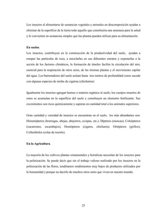25
Los insectos al alimentarse de sustancias vegetales y animales en descomposición ayudan a
eliminar de la superficie de la tierra todo aquello que constituiría una amenaza para la salud
y lo convierten en sustancias simples que las plantas pueden utilizar para su alimentación.
En suelos.
Los insectos, contribuyen en la construcción de la productividad del suelo, ayudan a
romper las partículas de roca, a mezclarlas en sus diferentes estratos y exponerlas a la
acción de los factores climáticos, la formación de túneles facilita la circulación del aire,
esencial para la respiración de otros seres, de las mismas plantas y el movimiento capilar
del agua. Los barrenadores del suelo actúan hasta tres metros de profundidad como sucede
con algunas especies de ninfas de cigarras (chicharras)
Igualmente los insectos agregan humus o materia orgánica al suelo, los cuerpos muertos de
estos se acumulan en la superficie del suelo y constituyen un elemento fertilizante. Sus
excrementos son ricos químicamente y superan en cantidad total a los animales superiores.
Gran cantidad y variedad de insectos se encuentran en el suelo, los más abundantes son:
Himenópteros (hormigas, abejas, abejorros, avispas, etc.); Dípteros (moscas); Coleópteros
(cucarrones, escarabajos); Homópteros (cigarra, chicharra); Ortópteros (grillos);
Collembolos (colas de resorte).
En la Agricultura.
La mayoría de los cultivos plantas ornamentales y hortalizas necesitan de los insectos para
la polinización. Se puede decir que sin el trabajo valioso realizado por los insectos en la
polinización de las flores, tendríamos rendimientos muy bajos de productos utilizados por
la humanidad y porque no decirlo de muchos otros seres que viven en nuestro mundo.
 