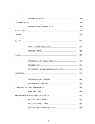 8
.
TIPOS DE ANTENAS................................................................................ 88
APARATO BUCAL................................................................................................................... 93
TIPOS DE APARATOS BUCALES.......................................................... 95
CERVIZ O CUELLO................................................................................................................... 110
TÓRAX........................................................................................................................................
.
111
PATAS.........................................................................................................................................
..
117
EVOLUCIÓN DE LAS PATAS................................................................. 119
TIPOS DE PATAS...................................................................................... 124
ALAS............................................................................................................................................
..
127
NOMENCLATURA DE LAS VENAS....................................................... 130
TIPOS DE ALAS.......................................................................................... 136
MECANISMOS ACOPLADORES DE LAS ALAS.................................. 138
ABDOMEN..................................................................................................................................
.
139
GENITALIA DE LA HEMBRA.................................................................. 145
GENITALIA DEL MACHO........................................................................ 146
ANATOMÍA INTERNA Y FISIOLOGÍA................................................................................. 148
INTRODUCCIÓN........................................................................................ 148
ORGANIZACIÓN INTERNA DE UN INSECTO..................................................................... 150
SISTEMA CIRCULATORIO....................................................................... 151
SISTEMA RESPIRATORIO........................................................................ 156
SISTEMA DIGESTIVO Y DIGESTIÓN.................................................... 164
 