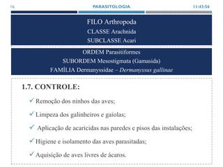 FILO Arthropoda
CLASSE Arachnida
SUBCLASSE Acari
1.7. CONTROLE:
Remoção dos ninhos das aves;
Limpeza dos galinheiros e gaiolas;
 Aplicação de acaricidas nas paredes e pisos das instalações;
Higiene e isolamento das aves parasitadas;
Aquisição de aves livres de ácaros.
11:43:56PARASITOLOGIA16
ORDEM Parasitiformes
SUBORDEM Mesostigmata (Gamasida)
FAMÍLIA Dermanyssidae – Dermanyssus gallinae
 