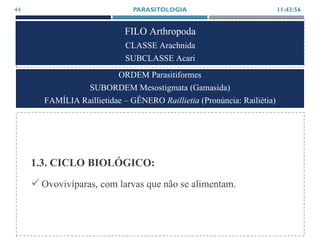 FILO Arthropoda
CLASSE Arachnida
SUBCLASSE Acari
1.3. CICLO BIOLÓGICO:
Ovovivíparas, com larvas que não se alimentam.
11:43:56PARASITOLOGIA44
ORDEM Parasitiformes
SUBORDEM Mesostigmata (Gamasida)
FAMÍLIA Raillietidae – GÊNERO Raillietia (Pronúncia: Railiétia)
 