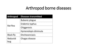 Arthropod borne diseases
Arthropod Diseases transmitted
Rat flea
Bubonic plague
Endemic typhus
Chiggerosis
Hymenolepis diminuta
Black fly Onchocerciasis
Reduviid
bug
Chagas disease
 
