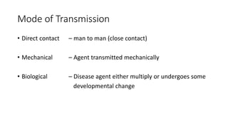Mode of Transmission
• Direct contact – man to man (close contact)
• Mechanical – Agent transmitted mechanically
• Biological – Disease agent either multiply or undergoes some
developmental change
 