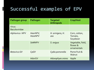 Successful examples of EPV
Pathogen group Pathogen Targeted
Arthropods
Crop/Host
Virus:
Baculoviridae
Alphavirus- NPV HearNPV,
HezeNPV
H. armigera, H.
zea
Corn, cotton,
Tomato,
Soyabean
SeMNPV S. exigua Vegetable, field,
flower &
ornamentals
Betavirus GV CpGV Cydia pomonella Pome fruit &
Walnut
AdorGV Adoxophyes orana Apple
 