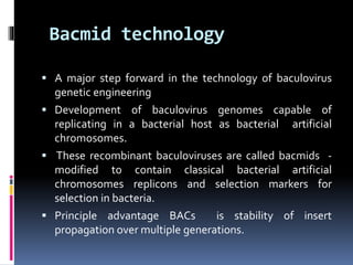 Bacmid technology
 A major step forward in the technology of baculovirus
genetic engineering
 Development of baculovirus genomes capable of
replicating in a bacterial host as bacterial artificial
chromosomes.
 These recombinant baculoviruses are called bacmids -
modified to contain classical bacterial artificial
chromosomes replicons and selection markers for
selection in bacteria.
 Principle advantage BACs is stability of insert
propagation over multiple generations.
 