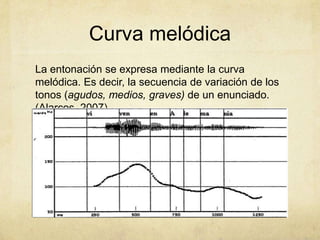 Curva melódica
La entonación se expresa mediante la curva
melódica. Es decir, la secuencia de variación de los
tonos (agudos, medios, graves) de un enunciado.
(Alarcos, 2007)
 