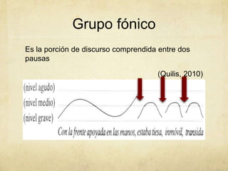 Grupo fónico
Es la porción de discurso comprendida entre dos
pausas

                                     (Quilis, 2010)
 