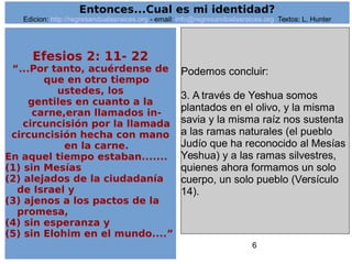 6
Efesios 2: 11- 22
“...Por tanto, acuérdense de
que en otro tiempo
ustedes, los
gentiles en cuanto a la
carne,eran llamados in-
circuncisión por la llamada
circuncisión hecha con mano
en la carne.
En aquel tiempo estaban.......
(1) sin Mesías
(2) alejados de la ciudadanía
de Israel y
(3) ajenos a los pactos de la
promesa,
(4) sin esperanza y
(5) sin Elohim en el mundo....”
Podemos concluir:
3. A través de Yeshua somos
plantados en el olivo, y la misma
savia y la misma raíz nos sustenta
a las ramas naturales (el pueblo
Judío que ha reconocido al Mesías
Yeshua) y a las ramas silvestres,
quienes ahora formamos un solo
cuerpo, un solo pueblo (Versículo
14).
Entonces...Cual es mi identidad?
Edicion: http://regresandoalasraices.org - email: info@regresandoalasraices.org Textos: L. Hunter
 