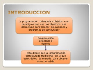 La programación orientada a objetos e un 
paradigma que usa los objetivos que 
interactúan para diseñar aplicaciones y 
programas de computador 
Programación 
orientada a 
objetos 
esto difiere que la programación 
estructurado tradicional en la que 
estos datos de entrada para obtener 
otros de salida 
 